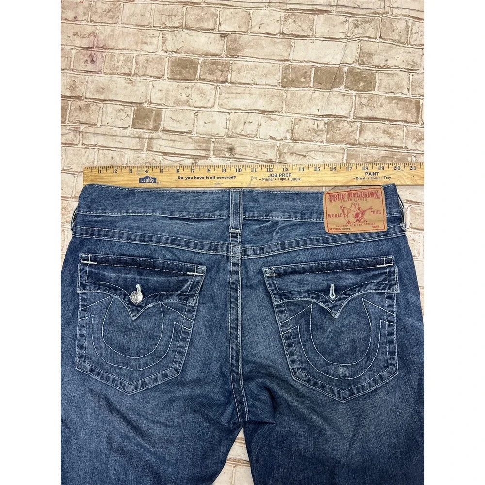 True Religion Jeans 38 X 32.5 Blue Denim Ricky Relaxed Straight Thick Stitch‎